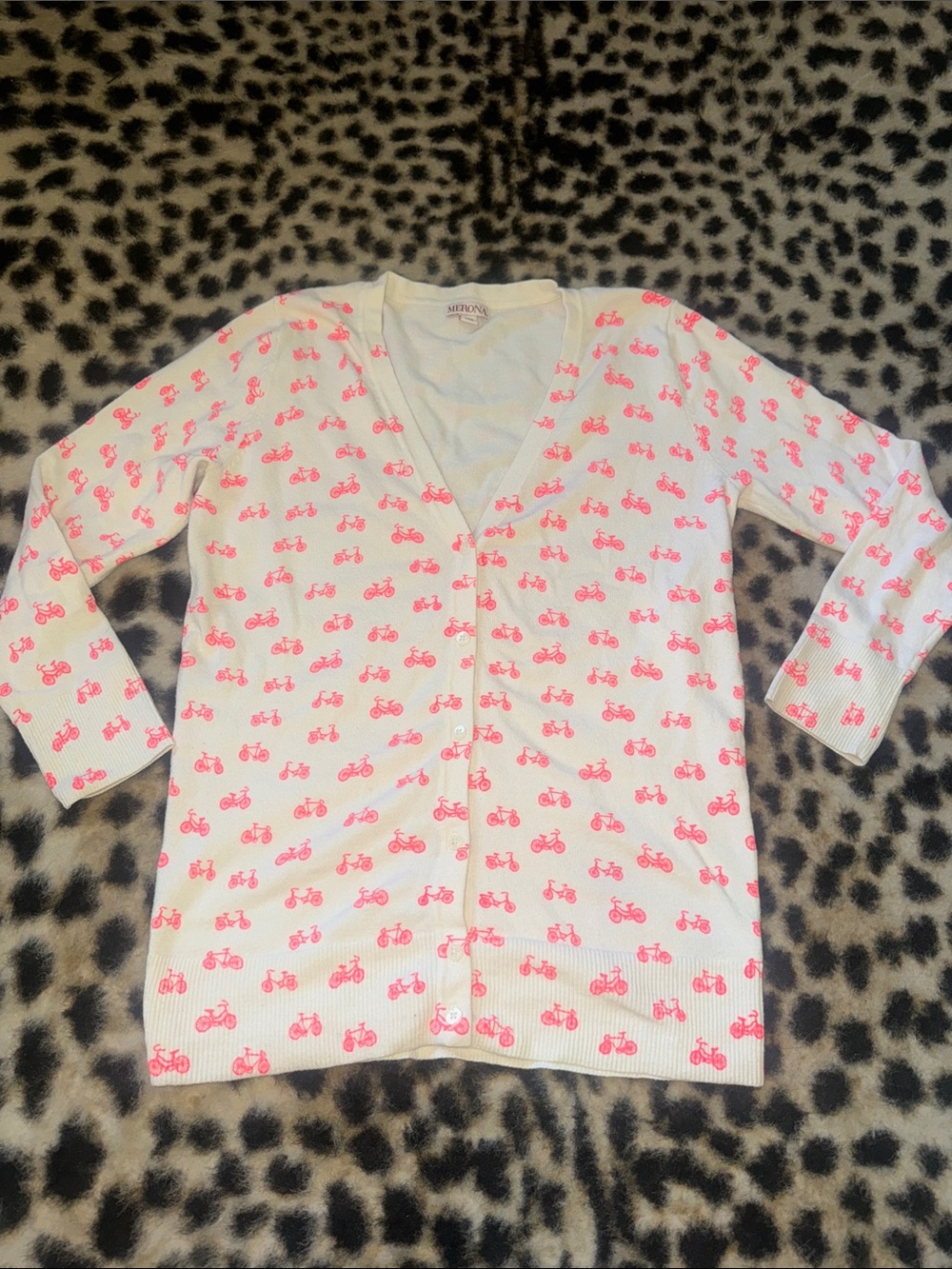Merona White Cardigan with Pink Bicycle Motif